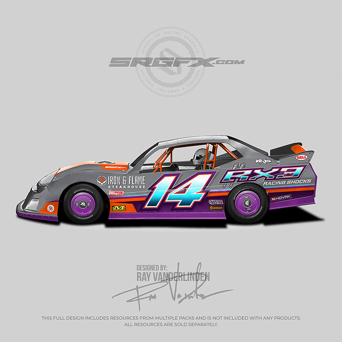 RX3 Racing Shocks Purple, Orange and Grey Number 14 Crate Street Stock