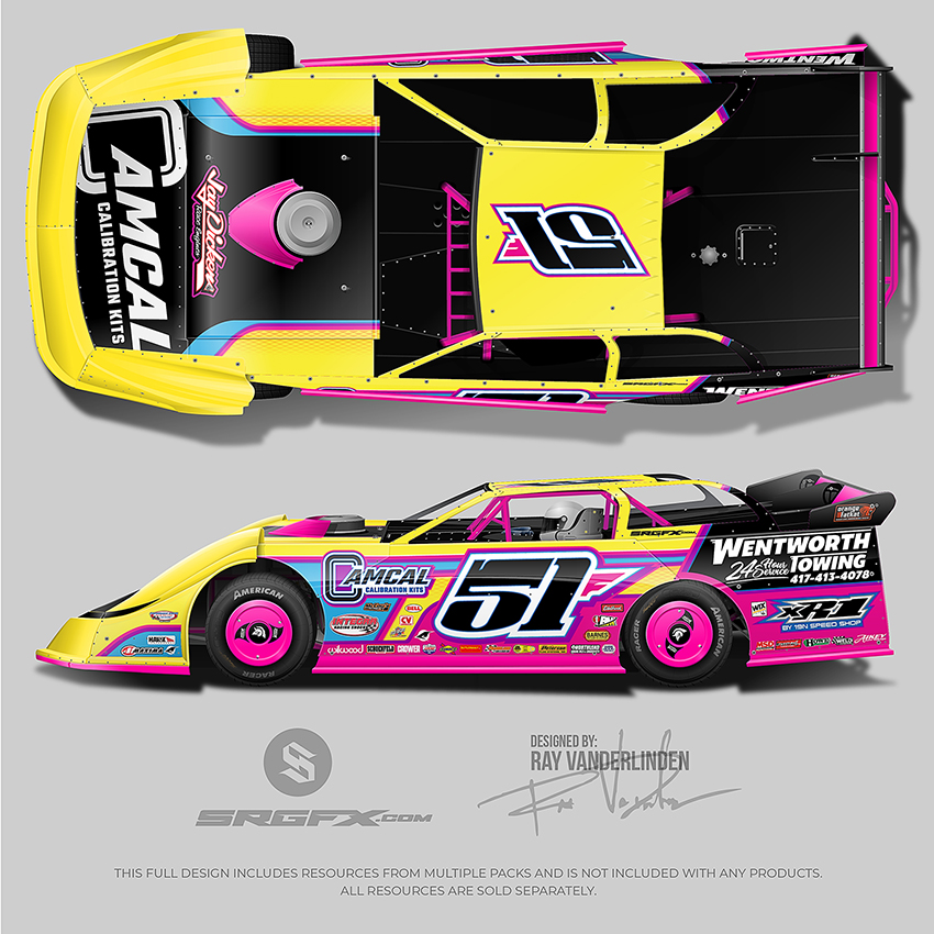 Yellow, Blue and Pink Number 51 Dirt LateModel
