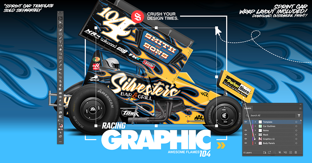 SRGFX Vector Racing Flame Graphic 104 Sprint Car Wrap Layouts