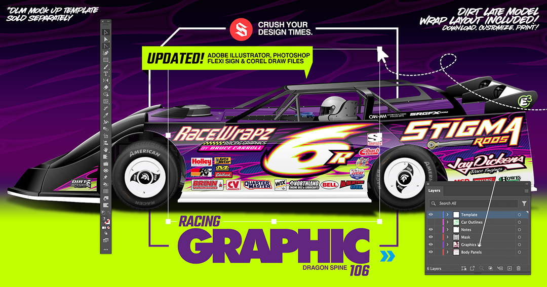 SRGFX Vector Dragon Spine Racing Graphic 106 Dirt Late Model Wrap Layouts