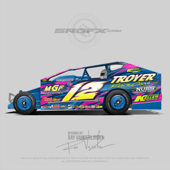 A blue, pink and yellow number 12 East Coast Modified vector racing graphic wrap layout for Troyer Race Cars