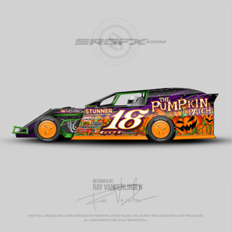 A orange, purple and green number 18 Dirt Modified racing graphic wrap layout.