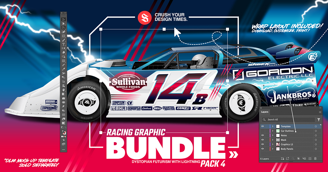 SRGFX Dystopian Futurism Racing Graphic Bundle Pack 4 Dirt Late Model Wrap Layouts