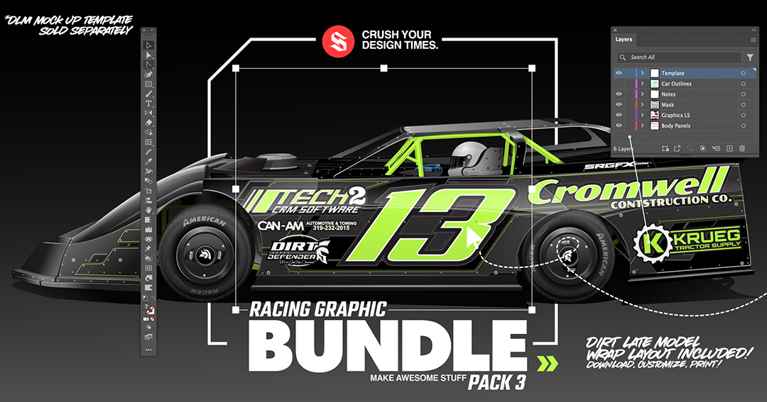 SRGFX Vector Racing Graphic Bundle Pack 3 Black and Green Dirt Late Model Wrap Layouts