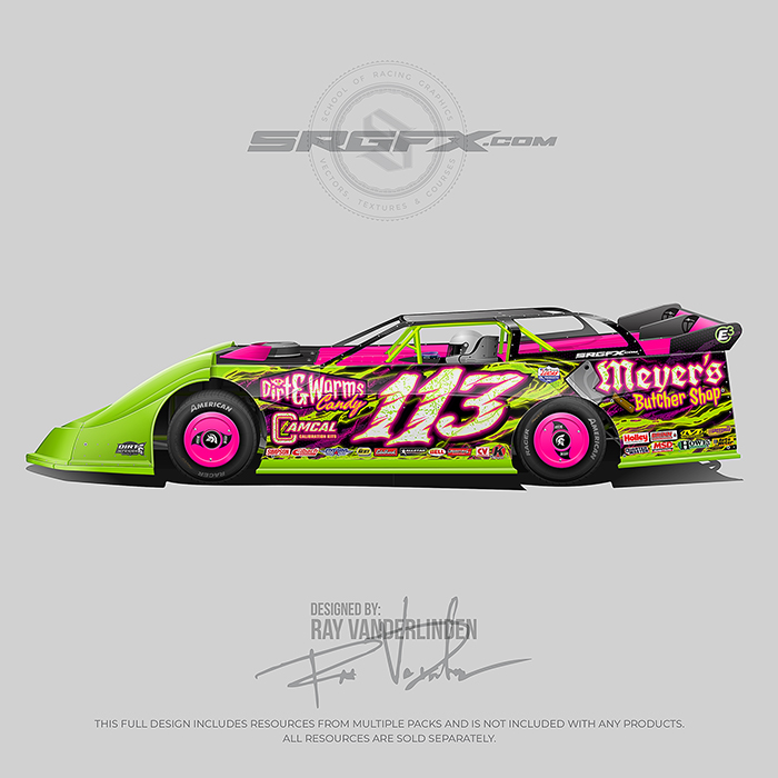 A green, pink and purple smoke graphic Dirt Late Model wrap layout