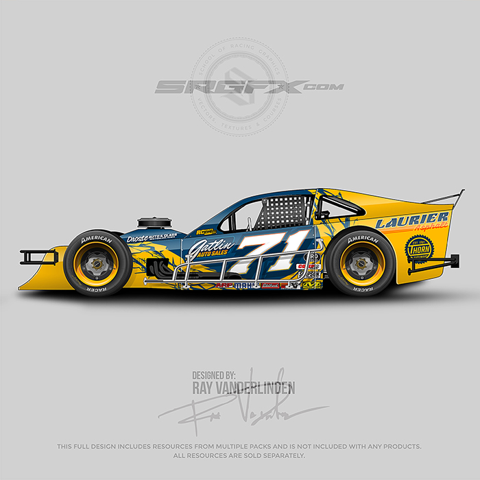 Laurier Asphalt number 71 Asphalt Modified wrap layout with broken and fractured blue and yellow graphics