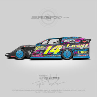 Laurier Asphalt number 14z Dirt Modified wrap layout with broken and fractured purple, pink and blue graphics