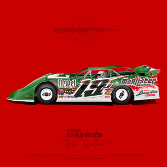 McAlister Painting Co Red Green and White Christmas themed number 19F 2024 Dirt Late Model