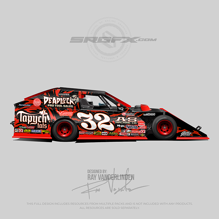 Tapych Tats 2024 Red, Orange and Black number 32 Dirt Modified Wrap Design