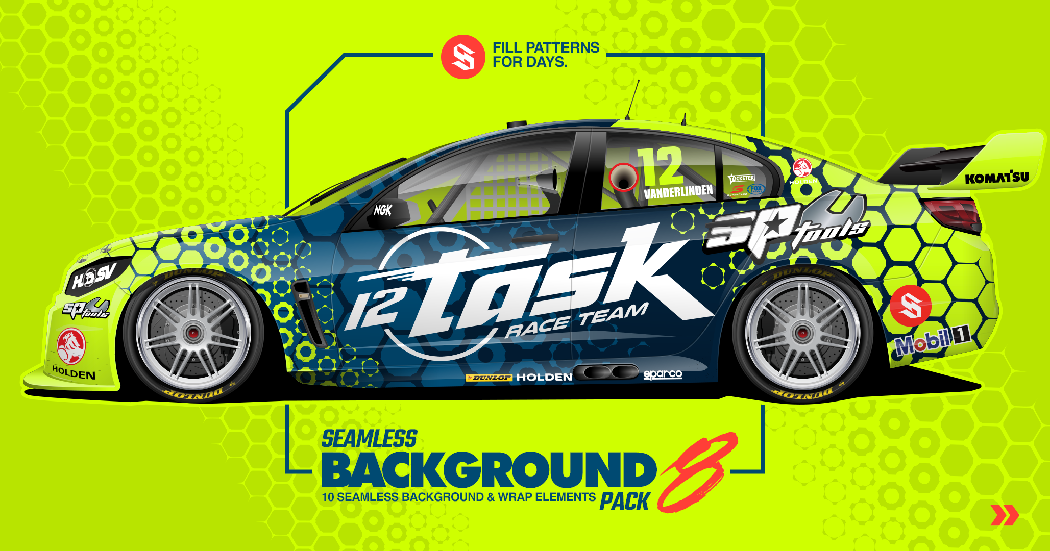 SRGFX Seamless Background Fill and Race Wrap Element Pack 8 V8 Supercar Wrap Layouts