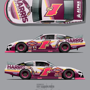 Harris Welding Co. Pink and Purple Number 1s 2025 Aspahlt Late Model Wrap Idea