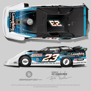 Loughty Pool and Spa Blue and White Number 23 2025 Dirt Late Model Wrap Design Idea