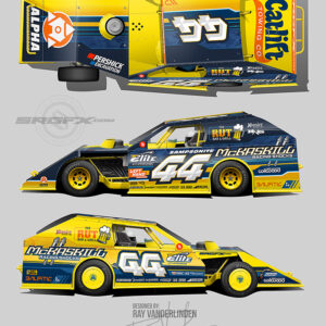 A blue and yellow Number 44 Dirt Modified Wrap Idea