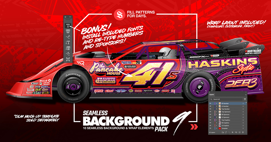 SRGFX Seamless Background Fill and Race Wrap Element Pack 9 - Dirt Late Model Wrap Layouts