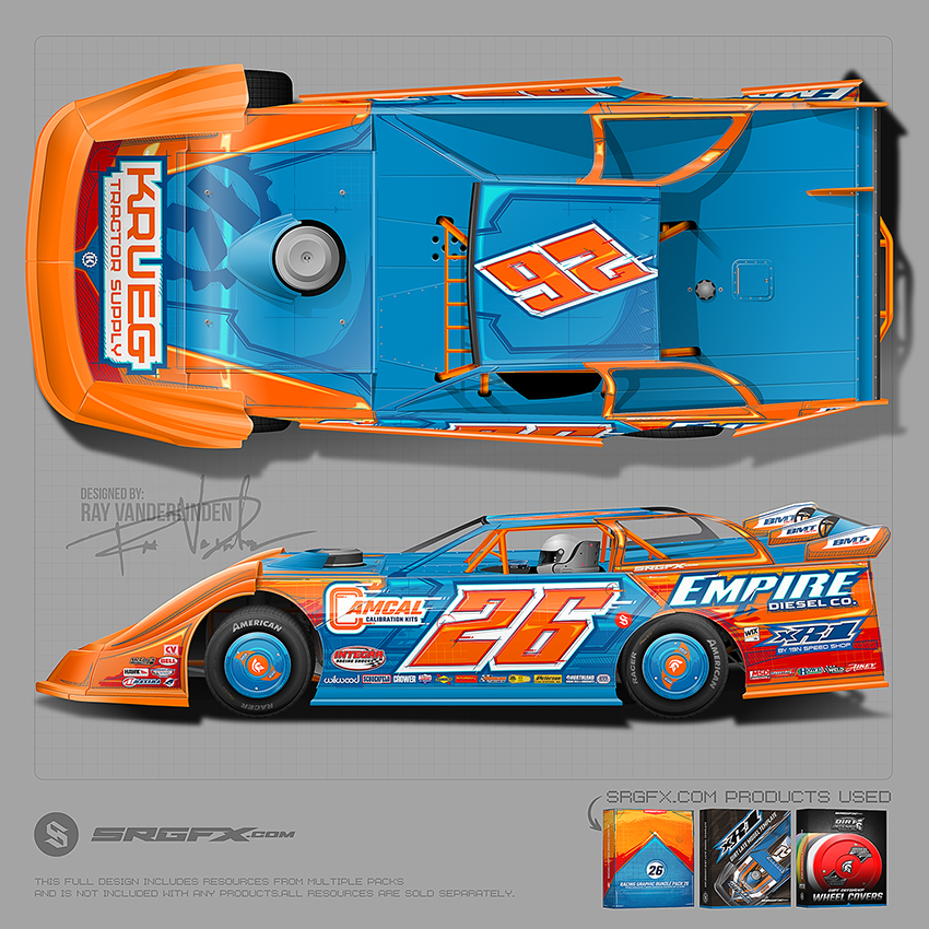 Orange and Blue Number 26 Dirt Late Model Wrap Design Idea