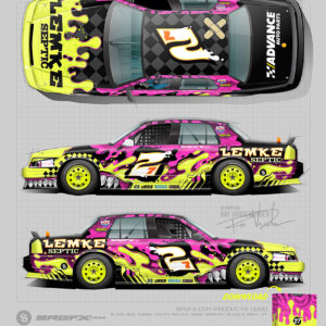 Florescent yellow, magenta and purple Crown Victoria race wrap inspiration and idea.