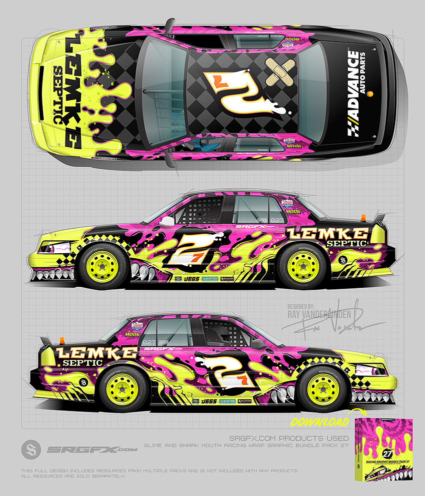 Florescent yellow, magenta and purple Crown Victoria race wrap inspiration and idea.