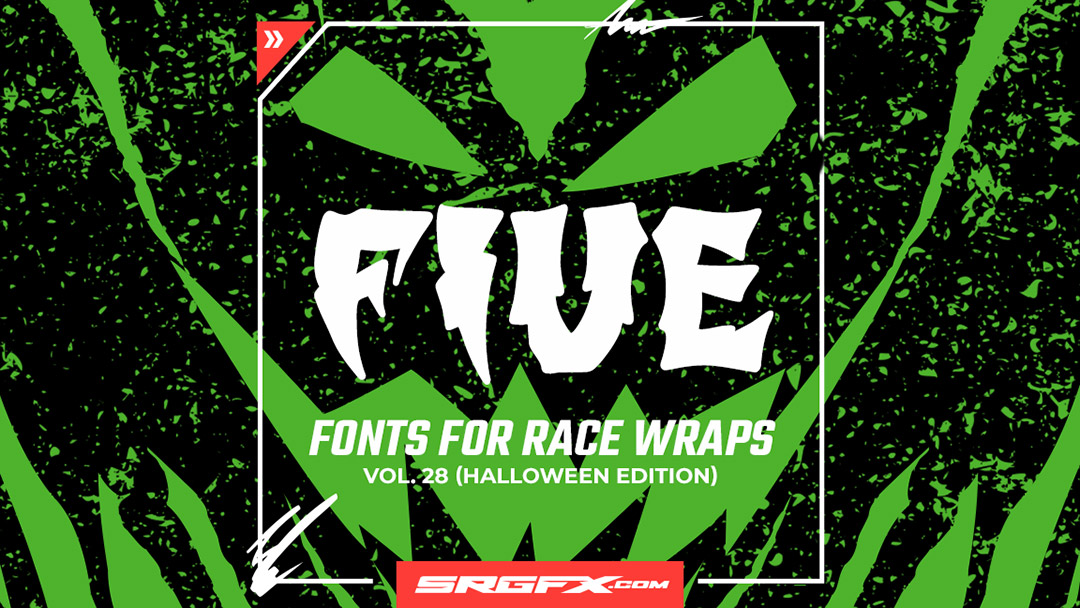 FIVE fonts for racing graphics, Halloween edition, racing team branding, track side racing fonts, race graphics lettering.